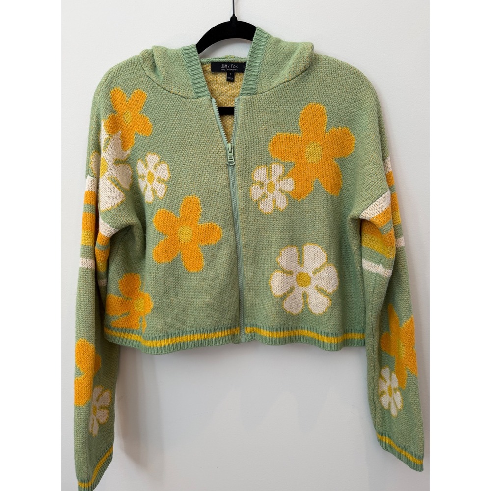 Witty Fox Green Floral Knit Zip Up Cropped Hoodie Sweater Small Retro Flower